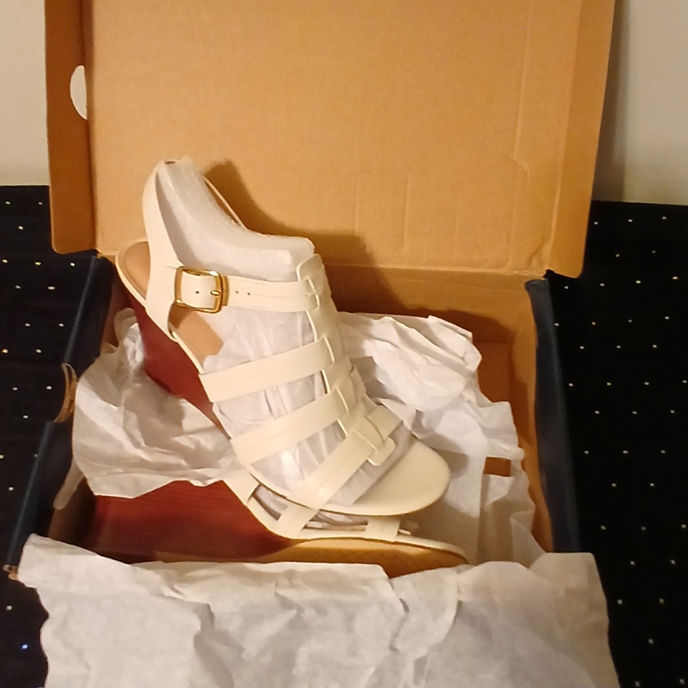 Cole Haan Cream Strappy Wedge Sandals with Gold Buckle